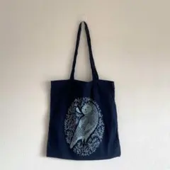 イギリス フクロウ柄 エコバッグ ネイビー 北欧 トートバッグ ユーロ古着