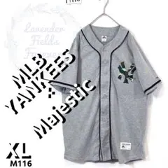 MLBヤンキースベースボールシャツM1116〇カモフラ刺繍ロゴYANKEES古着