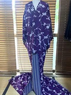 お引きずり着物 紫 梅柄 縞柄 ポリエステル 裾綿 日本舞踊衣装 歌舞伎 
