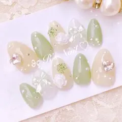 ネイルチップ ちゅるん 黄色 緑 フレンチガーリー ワンホン 量産型 韓国 薔薇