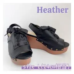 heather ヘザー ブラック リボン ストラップ ウエッジソール サンダル