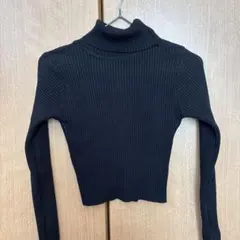ブラック タートルネック クロップドニット ショート丈
