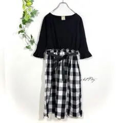 F.I.N.T. 切替ワンピース(F)チェック柄 ベルスリーブ リボンベルト