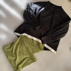 マ*ま様 新品上下セット　ブラック プリーツ袖 長袖Tシャツ グリーンパンツS