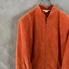 80s ノーカラージャケット　フルジップ　肩パッド　オレンジ　L LO12