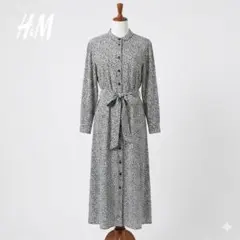 美品 H&M エイチアンドエム 花柄 ロングシャツワンピース リボン S ブルー