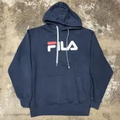 古着 00s FILA フィラ ロゴスウェットパーカー メンズL ネイビー