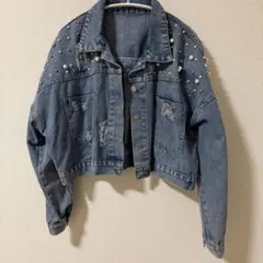 パール付きデニムジャケット クロップド丈