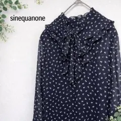 美品　sinequanone ネコ柄　フリルシアーワンピース　ボウタイ付き　紺