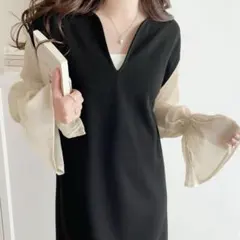 【mily bilet】　シアー袖ドッキングキャンディースリーブVネックワンピ