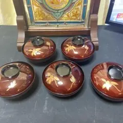 漆器 花模様 蓋付き椀 5個セット