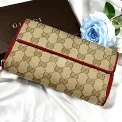 GUCCIグッチ wラウンドファスナー GGキャンバス パスケース フラップ 赤