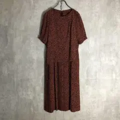 【ワンピース】半袖　ロング丈　総柄　ジラフ柄　プリーツ　昭和レトロ　橙　古着