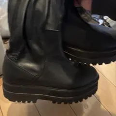 ジーナシス　ブラックレザー厚底ロングブーツ