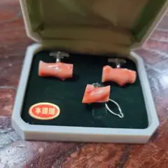 本珊瑚 白ピンク カフスボタン　タイピン ケース付き