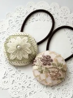 【No.268】インド刺繍 くるみボタン38㎜ ヘアゴム 2個セット
