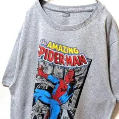 マーベル スパイダーマン デカロゴ Tシャツ グレー 灰色 L 古着