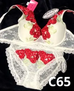 C65 ゴージャスビビットローズブラジャー&バック透けフルバックショーツ