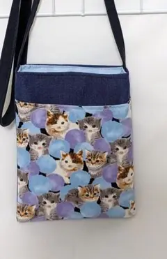 ハンドメイド・スマホポシェット・デニム・インディゴブルー・子猫と水彩水彩