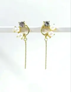 パール 揺れるロングピアス クリスタル ゴールド　ハンドメイド
