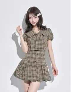 Darich ミニワンピ ビックリボンバルーンチェックミニワンピース