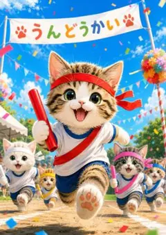 【一点物】青空の下の猫運動会｜癒しのアートポスターのサムネイル