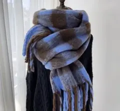 マフラー　チェック柄　大判　防寒　冬　ストール　レディース ショール　厚手　青