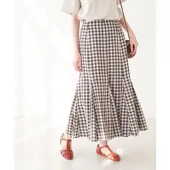極美品　ロペピクニック　コラボ　ギンガムチェックロングスカート　ブラウン