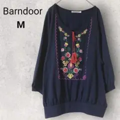 バーンドア 5・7分袖 カットソー M 紺 花柄刺繍 リボン Uネック ゆったり