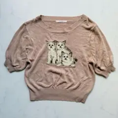 ems excite 半袖ニット 猫刺繍 ピンクベージュ F（H844）