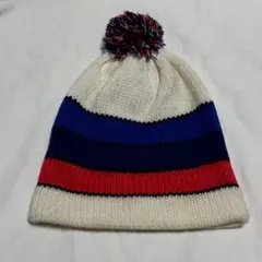 ノーブランド ポンポン付き アクリル ボーダー ニット帽 ビーニー 古着