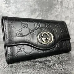 GUCCI インターロッキングGG シマレザー 長財布 ブラックのサムネイル