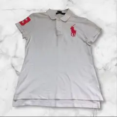 【希少】ラルフローレン　白ｘピンク　ロゴ刺繍　コットンポロシャツ　ホースロゴ