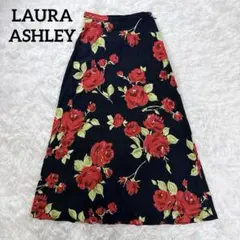 ローラアシュレイ　ロングスカート　花柄　バラ　黒　7号　フレア　エレガント　薄手