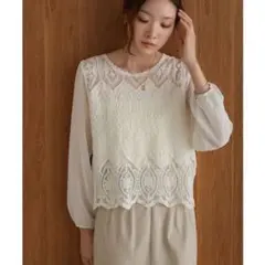 Bab バブ【M】コットンレースシフォン切替トップス ブラウス ECRU 上品