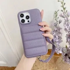 iPhone 15pro ケース　パープル　ストライプ付き　カード3枚収納