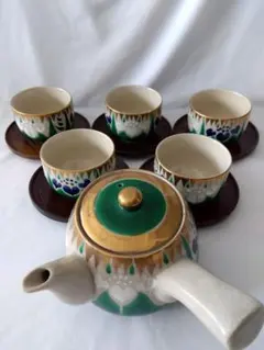 九谷清峰　急須　湯呑　木皿　セット