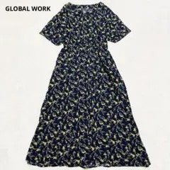 グローバルワーク 花柄ワンピース M 紺　ロング丈　ウエスト切替　大人可愛い　♡