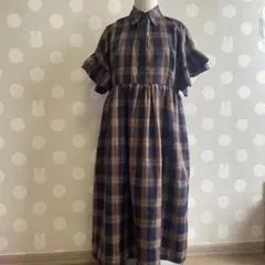 merry jenny チェック柄ロングワンピース 半袖 ネイビー系