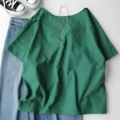 美品｜リエス コットンリネンバックデザインブラウス 緑 刺繍 シャツ 麻のサムネイル
