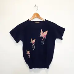 Sports ELEGANCE 半袖 ニット レトロ 刺繍 蝶 キラキラ