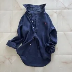 Ralph Lauren リネンシャツ 麻100% 紺 ピンクポニー刺繍 上品