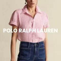 ⭐美品 ポロラルフローレン パフスリーブ ギンガムチェック リネンシャツ ピンクのサムネイル