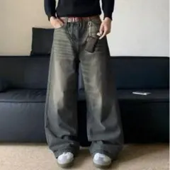 ワイドデニム バギーデニム バレルレッグデニムパンツ L ブラック 黒 秋服