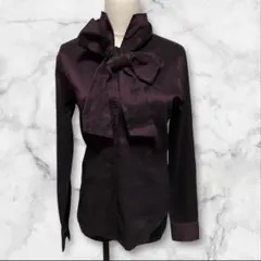 【未使用タグ付き】ナラカミーチェ　パープル　光沢　ボウタイリボンブラウス　長袖