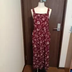 美品エプロン ボルドー 花柄 ストライプ ハンドメイド♡ロング丈♡レトロのサムネイル