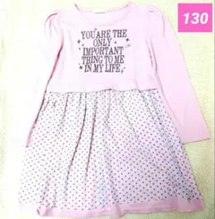 GU ジーユー 女の子 130 長袖 ドッキングワンピース ピンク 水ドット柄