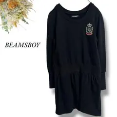 BEAMSBOY 長袖スウェットチュニック 黒 裾フレア 丸首 ワッペン4150のサムネイル