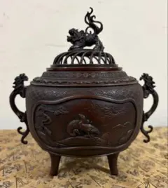 M●希少　高岡銅器　宝玉造　鋳銅　竹鳥紋　角香炉　銅製香合　香炉　香立て M○希少 高岡銅器 宝玉造 鋳銅 竹鳥紋 角香炉 銅製香合 香炉 香立て