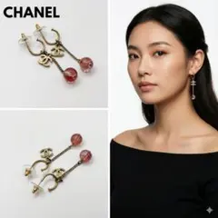 【美品】CHANEL 香奈兒 雙C標誌 金色 桃紅色寶石 耳環